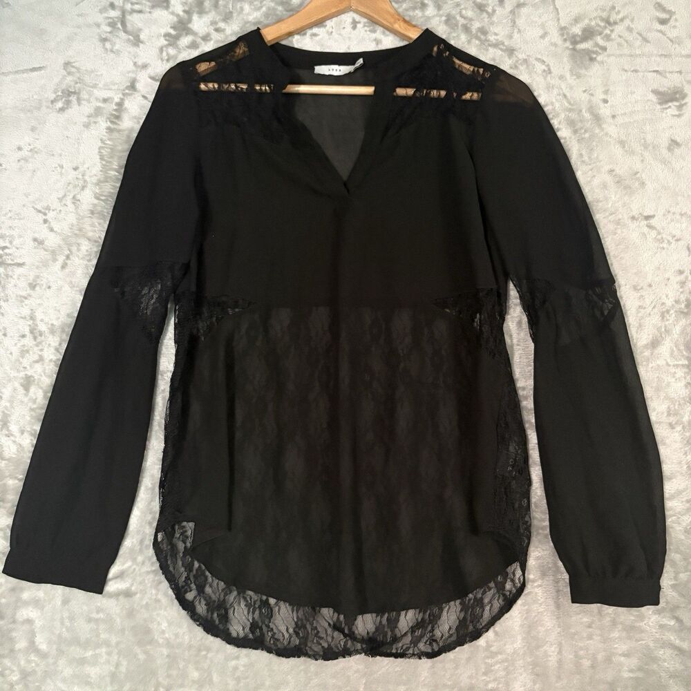 Lush Women’s Long Sleeve Sheer Lace Blouse Size Small V Neck Boho Whimsigoth